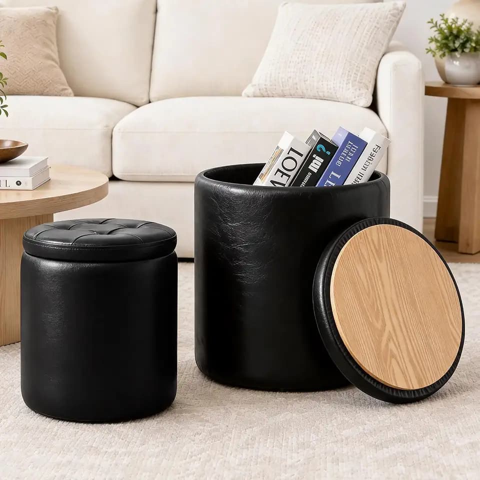 Leather Storage Ottoman Round, Living Room Stylish Foot Stool with Storage