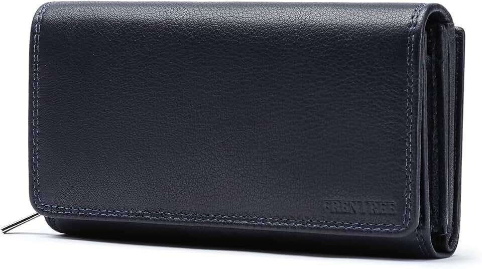 Frentree® Damen Geldbörse aus echtem Nappaleder, großes Leder Portemonnaie mit RFID-Schutz, weiches Echtleder Portmonee, viele Fächer, Navy