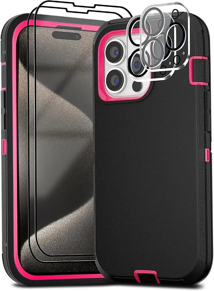 for iPhone 15 Pro Max Case 6.7" with 2 Screen Protector Tempered Glass & 2 Camera Lens Protector, Heavy Duty Full Protection Phone Case Military Grade Drop-Proof Cover(Black+Rose)