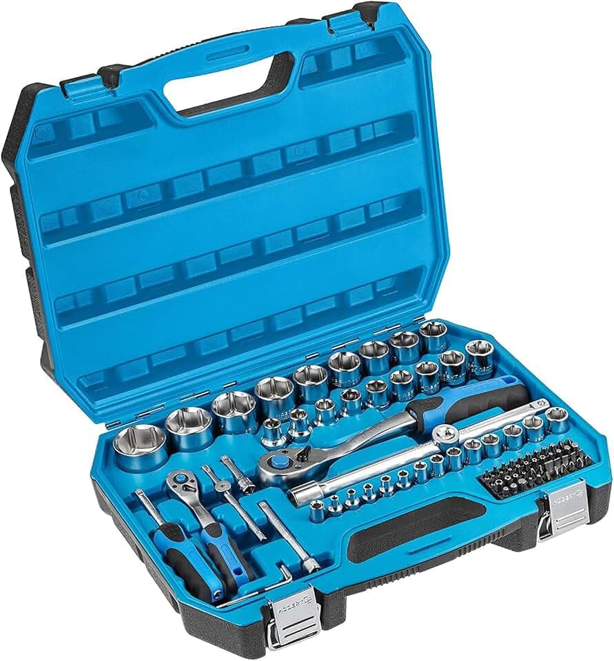 Högert Technik Werkzeugset 89-tlg Steckschlüsselsatz 1/4 und 1/2 Zoll | 89-teiliger Steckschlüsselsatz mit 1/4- und 1/2-Zoll-Antrieb, metrischen Nüssen, Bits und 72-Zahn-Ratschen
