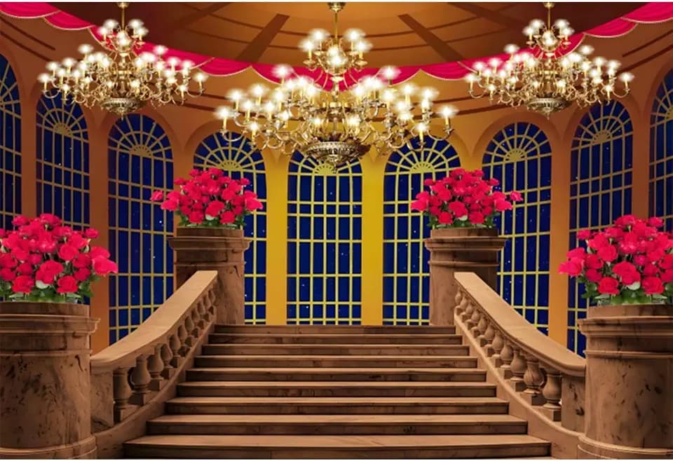 10x8ft Retro Medieval Palace Backdrop for Wedding Domed Windows Stairway Chandelier Red Floral Photography Background Wedding Photoshoot Bride to Be Party Photographer Studio Props