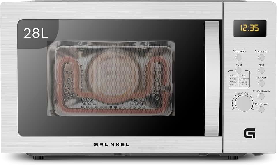 Grunkel MW-28AIRFRYER Mikrowelle mit Grill und Airfryer, 28 l und 3 Funktionen, Mikrowelle 900 W, Grill 1200 W, Airfryer und Ofen 2200 W mit 5 Leistungsstufen, 8 Programmen und Auftaufun.