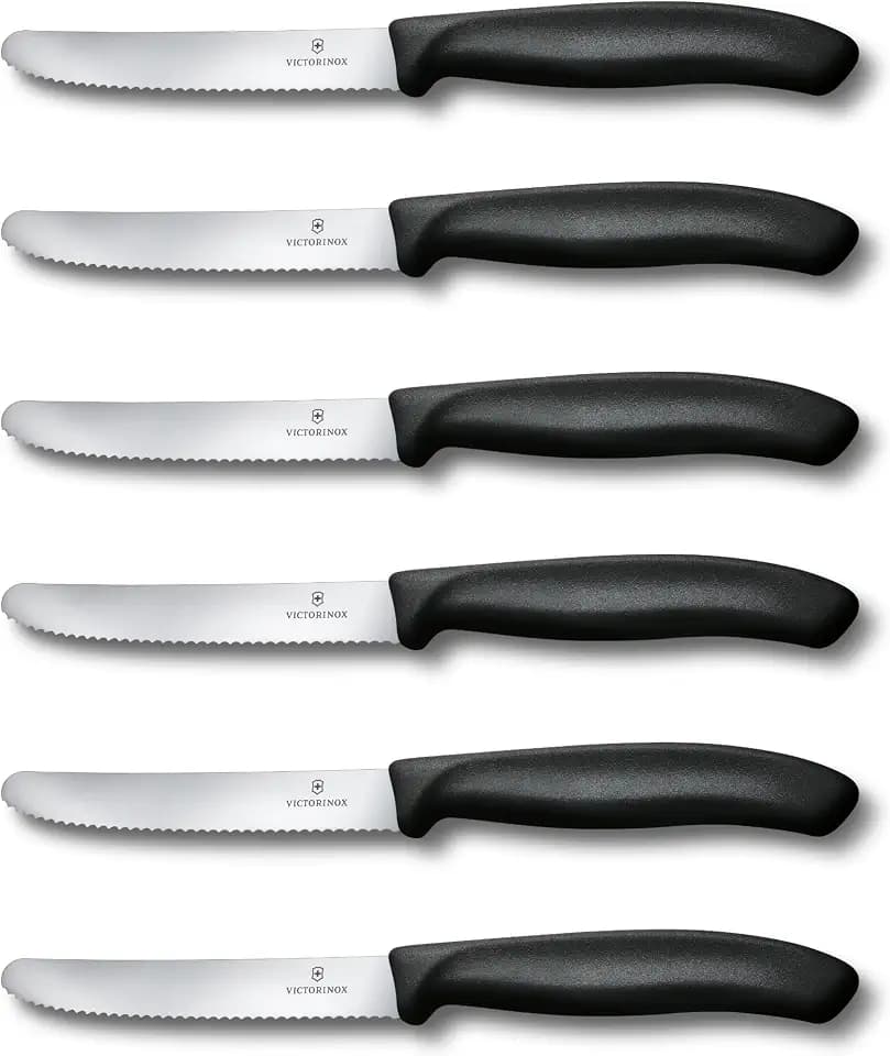 Victorinox Swiss Classic, Frühstücksmesser, Brötchenmesser, Scharfe Klinge, Wellenschliff, 11 cm, Kunststoffgriff, Rostfreier Stahl, Set 6teilig, Schwarz