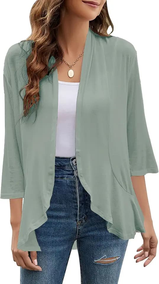 Yekaty Women Cardigan 3/4 Sleeves Open Front Lightweight Draped Cardigan