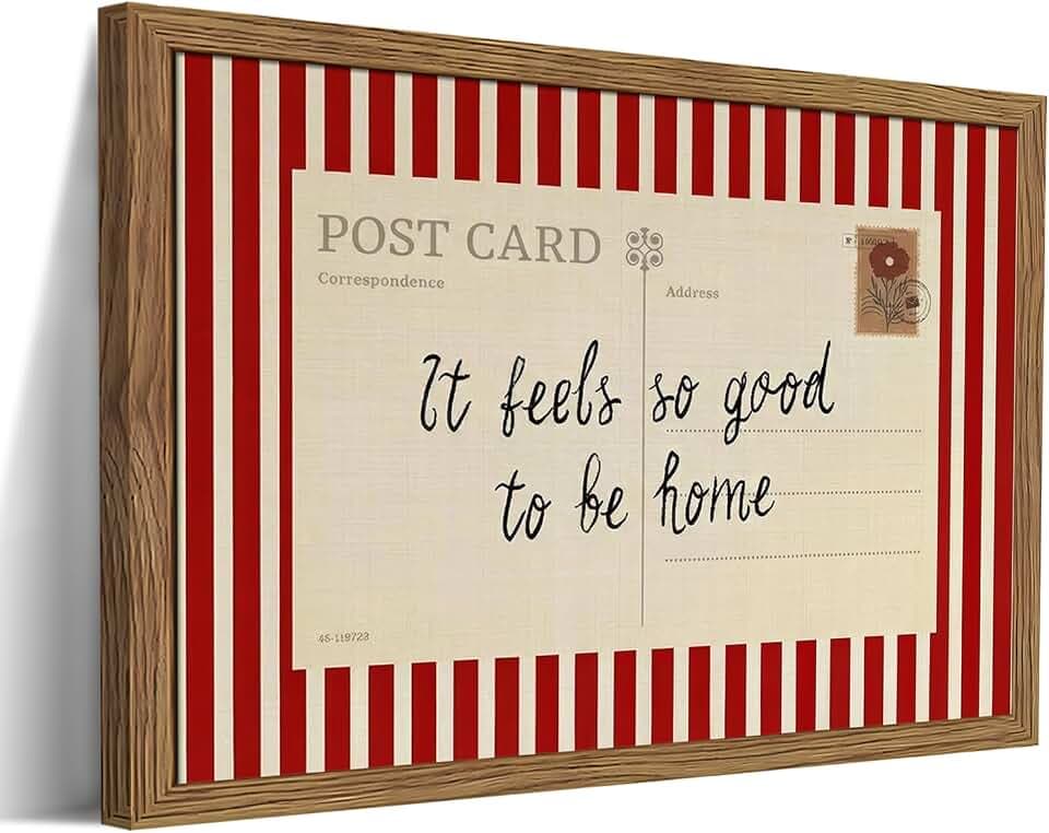 Vintage Inspirational Postcard Wall Art, It Feels So Good To Be Home Canvas Wall Decor Painting, Red Striped Quotes Artwork Print Picture for Living Room Bedroom 12x16 Inch Wood Framed