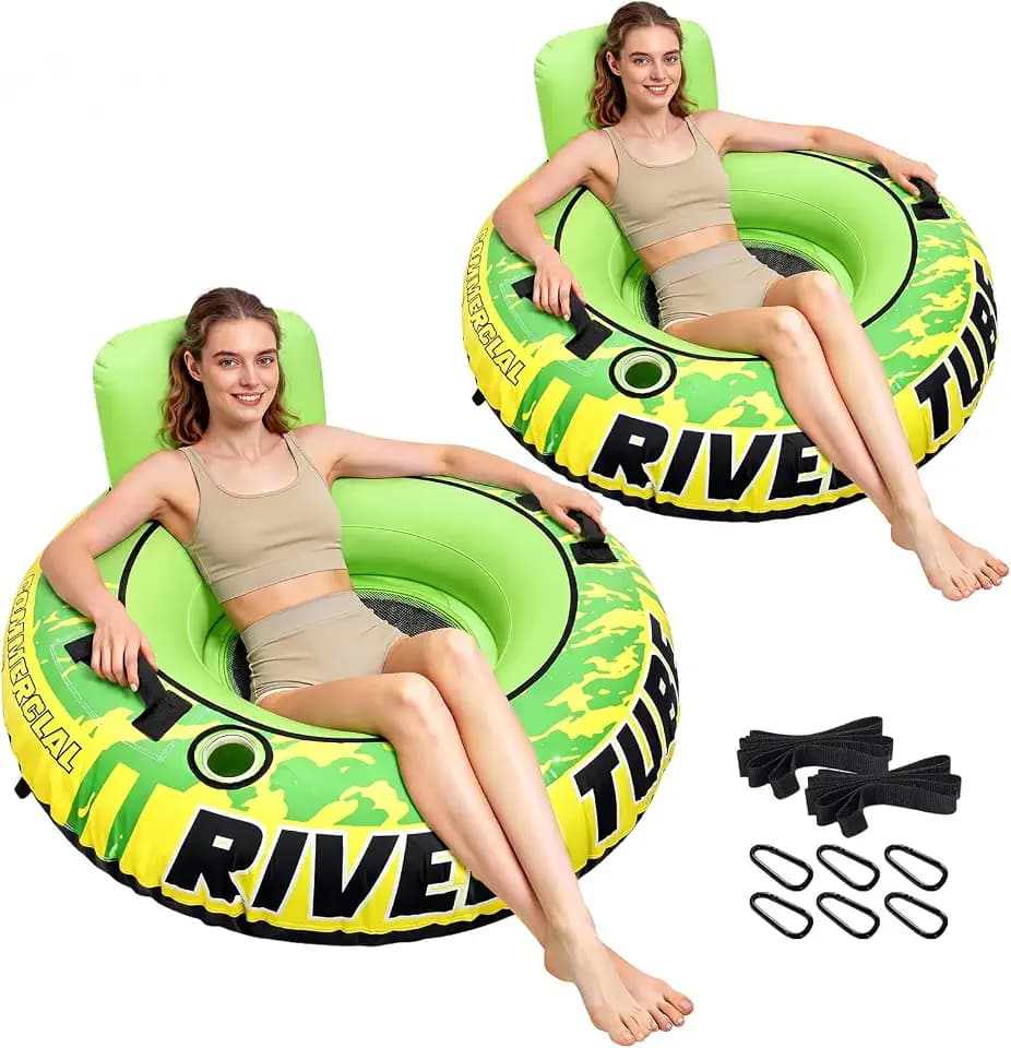 53" Heavy Duty River Tube for Floating with Canvas Cover, Tubing Floats for Lake Pool, Inflatable Water Tube for Floating with Cup Holders Handles Headrest, River Raft Carry 300lb of Adults