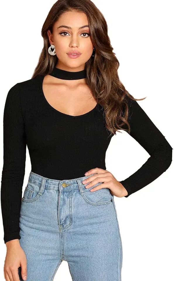 Floerns Women's Choker Neck Cutout Keyhole Sexy Long Sleeve Tee Shirts Tops