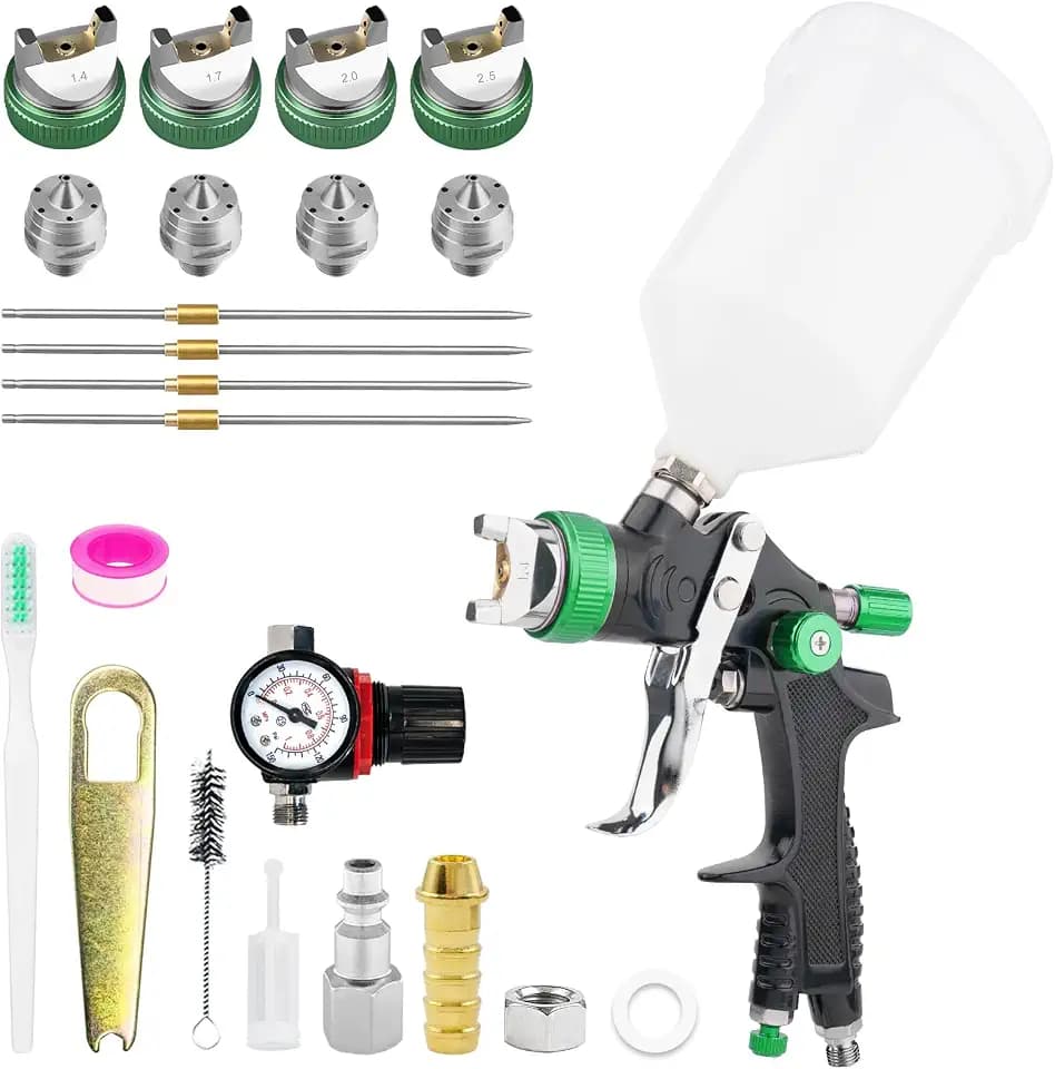 HVLP Paint Spray Gun, Air Gravity Feed System with 4 Nozzles 1.4/1.7/2.0/2.5mm & Regulator for Efficient, Automotive Paint Gun for Car, House Painting, Furniture, Wall, Shed, Fence Painting (Green)