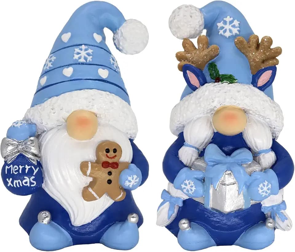 nuvagiki Winter Christmas Gnomes Figurines - Resin Rustic Scandinavian Gnome Set for Holiday Decorations - Snowy Blue Gnome Decor for Home Idea