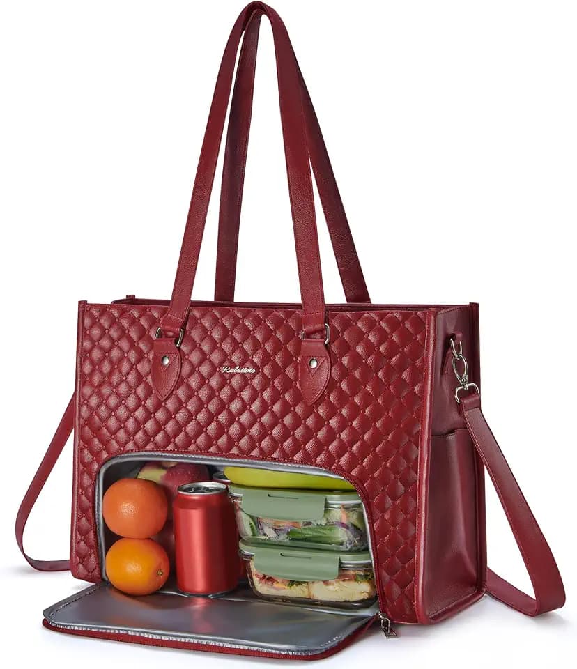 Ralnitote Laptop Tote Bag with Insulated Lunch Compartment for Women, PU Leather 15.6 Inch Work Bag, Elegant Computer Handbag, Versatile Business Tote for Office,Travel or Casual-Crimson Red