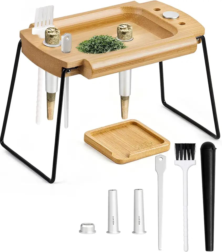 Foldable Wooden Rolling Tray Set with Cone Loader, Cone Filler - Rolling Tray with Cones Loader, Complete Rolling Tray Kit with Smell Proof Tube & Pre-Roll Machine(Brown-Single Hole)