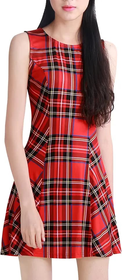 Allegra K Damen Party Kleid A-Linie Rundhals Kariert Ärmellos Elegant Minikleid