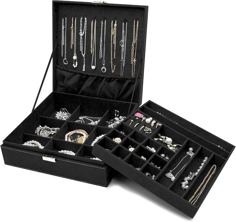 ProCase Schmuck Kästchen Organizer für Frauen, Zwei Schicht Schmuck Display Aufbewahrung Koffer mit 8 Halsketten Bügeln und herausnehmbarem Trennsteg für Ohrringe Armbänder Ringe -Schwarz