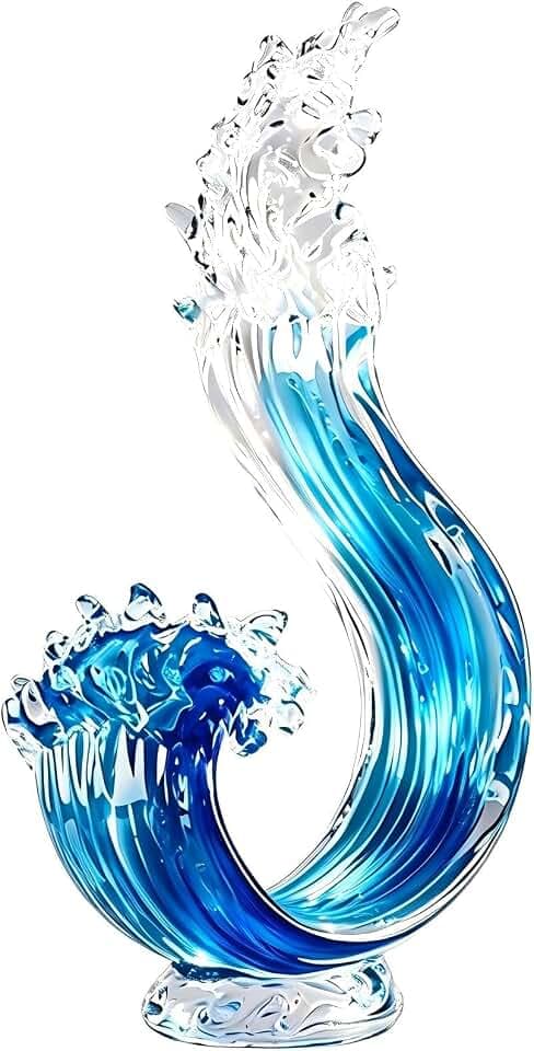 14in Hand Blown Blue Ocean Wave Murano Style Glass Sculpture