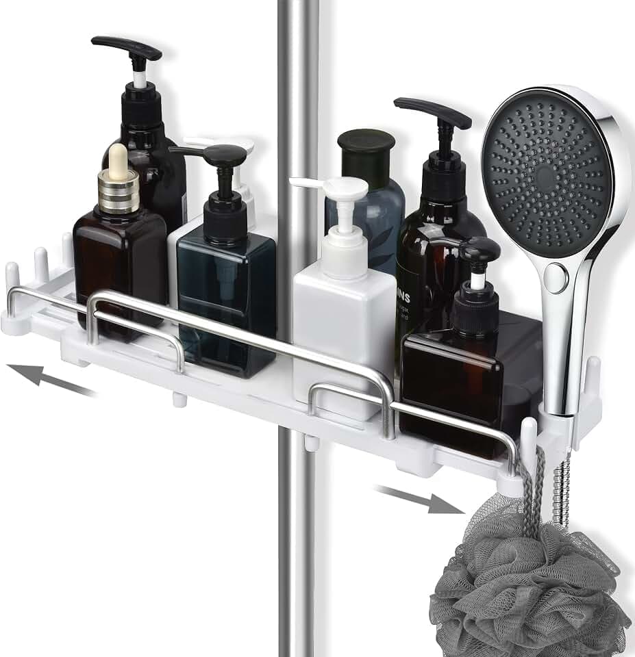 Duschablage Ohne Bohren Teleskopisch 32-48cm, Duschablage zum hängen Badezimmer Organizer, Duschregal Ohne Bohren, Duschstangen-Aufbewahrungsregal für 18 mm-25 mm Duschstange (Weiß)