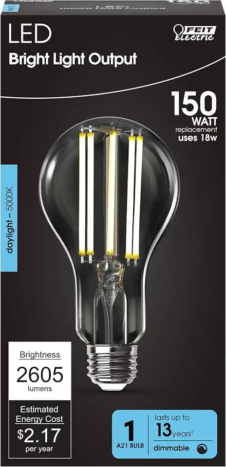 Feit Electric A21 LED Filament Light Bulb, 150W Equivalent, 2605 Lumens, 5000K Daylight White, Clear Glass Decorative A-Shape, Dimmable, 15,000-Hour Lifetime, OM150DM/CL/850/FIL