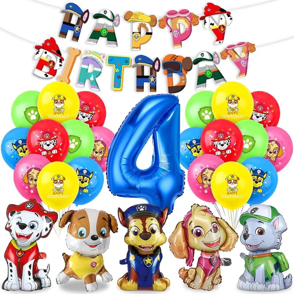 Patrol Geburtstag Deko 4 Jahre, Paw Dog Luftballons Kindergeburtstag, Hund Patrol Dog Blau luftballon 4 Geburtstag, Paw Ballon Dekoration, Happy Birthday Banner für 4 jahre Dog Patrol Party