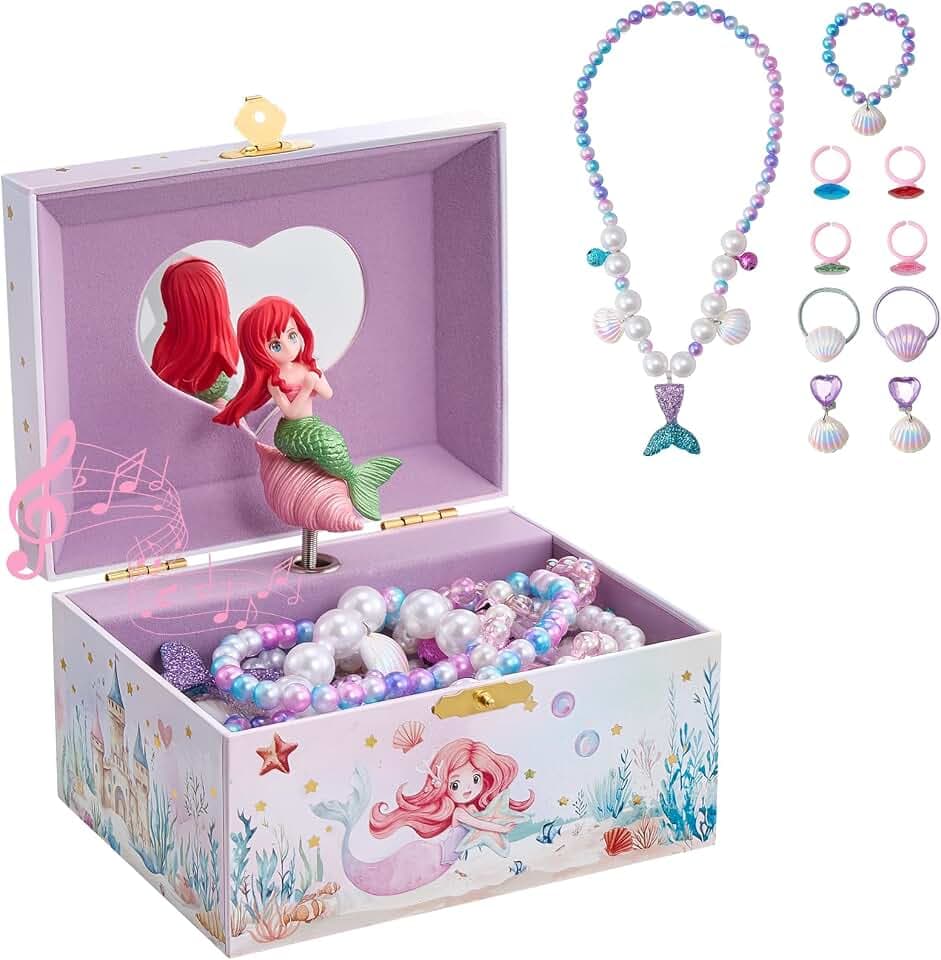 ProCase Kinder Musik Box Schmuckkästchen mit Spieluhr Mermaid, Schmuckschatulle mit Melodie für Mädchen (Mit Mermaid-Schmuckset)
