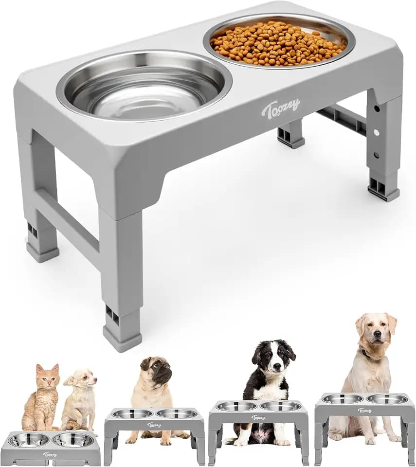 Toozey Hundenapf, Futterstation mit 2X 1200ml Edelstahlnäpfen, Hundenapf Erhöht für Klein, Mittlere & Große Hunde, 4 Höhenverstellbar Futternapf, Grau