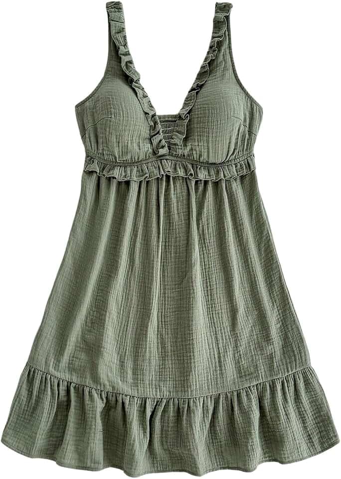 SOLY HUX Women's Summer Frill Deep V Neck A Line Ruffle Cami Dress