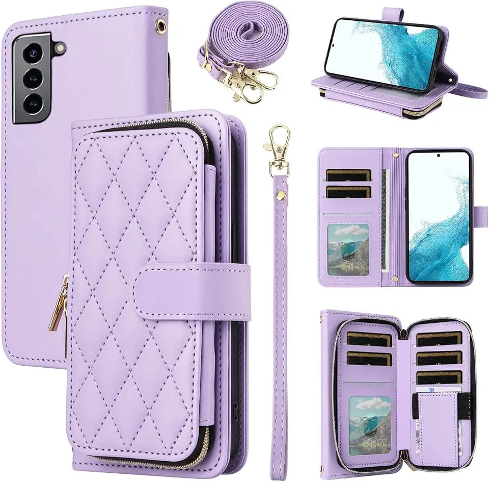 Wallet Case for Samsung Galaxy S21 5G 6.2 inch with Wrist Strap, 9+ Card Slots Zipper Purse, Luxury PU Leather Stand Full Body Accessories Cell Phone Cover for S 21 21S G5 Women Girls Purple
