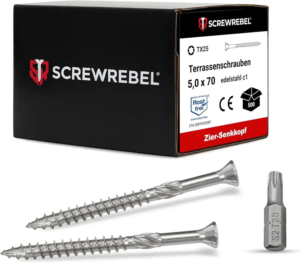 SCREW REBEL Terrassenschraube ST-FIX Edelstahl C1 5,0 x 70mm - 500 Stück inklusive S2-Bit, TX 25, Zier-Senkkopf, Schaftfräser, Sägezahn Gewindeschliff, Cutspitze, Dielenschraube gewachst
