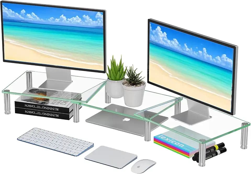 Simple Trending Glass Dual Monitor Stand, Adjustable Length/Height, Clear
