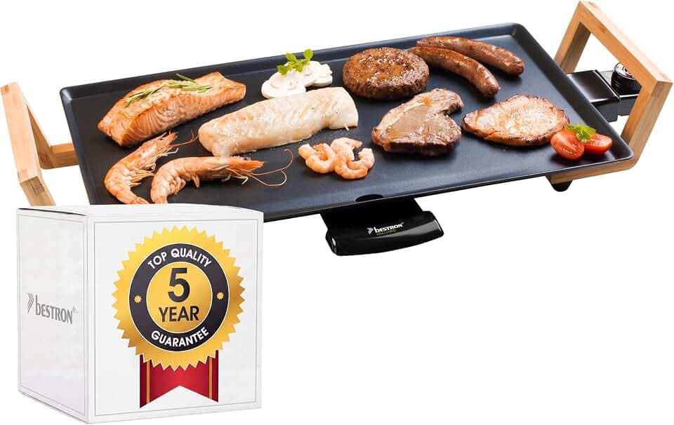 Bestron elektrischer Tischgrill, Plancha-/Teppanyaki-Grillplatte mit Antihaftbeschichtung, Grillspaß für bis zu 4 Personen, 2.000 Watt, Farbe; Schwarz, L