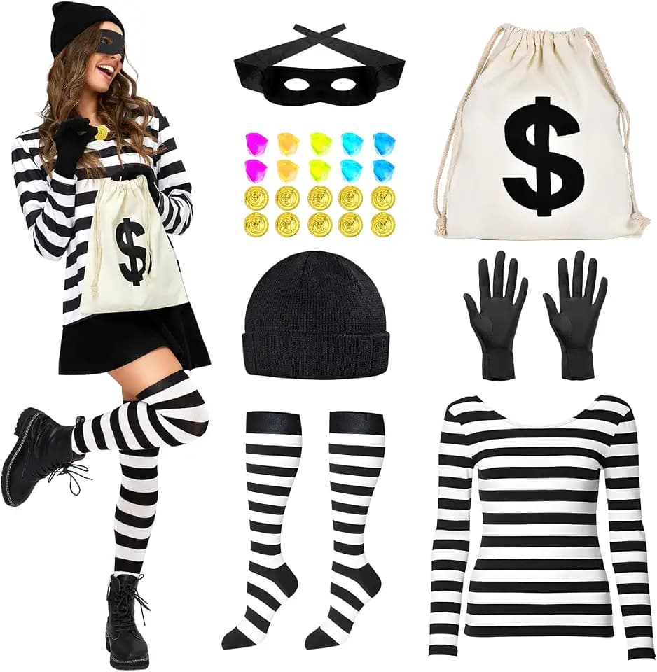 Joellfuner Bankräuber Kostüm Damen, Frauen Räuber Kostüm, Räuber Kostüm Damen Set mit Strickmütze,Maske,Handschuhe,Geldbeutel,Kniestrümpfe,T-Shirt, Einbrecher Kostüm für Karneval
