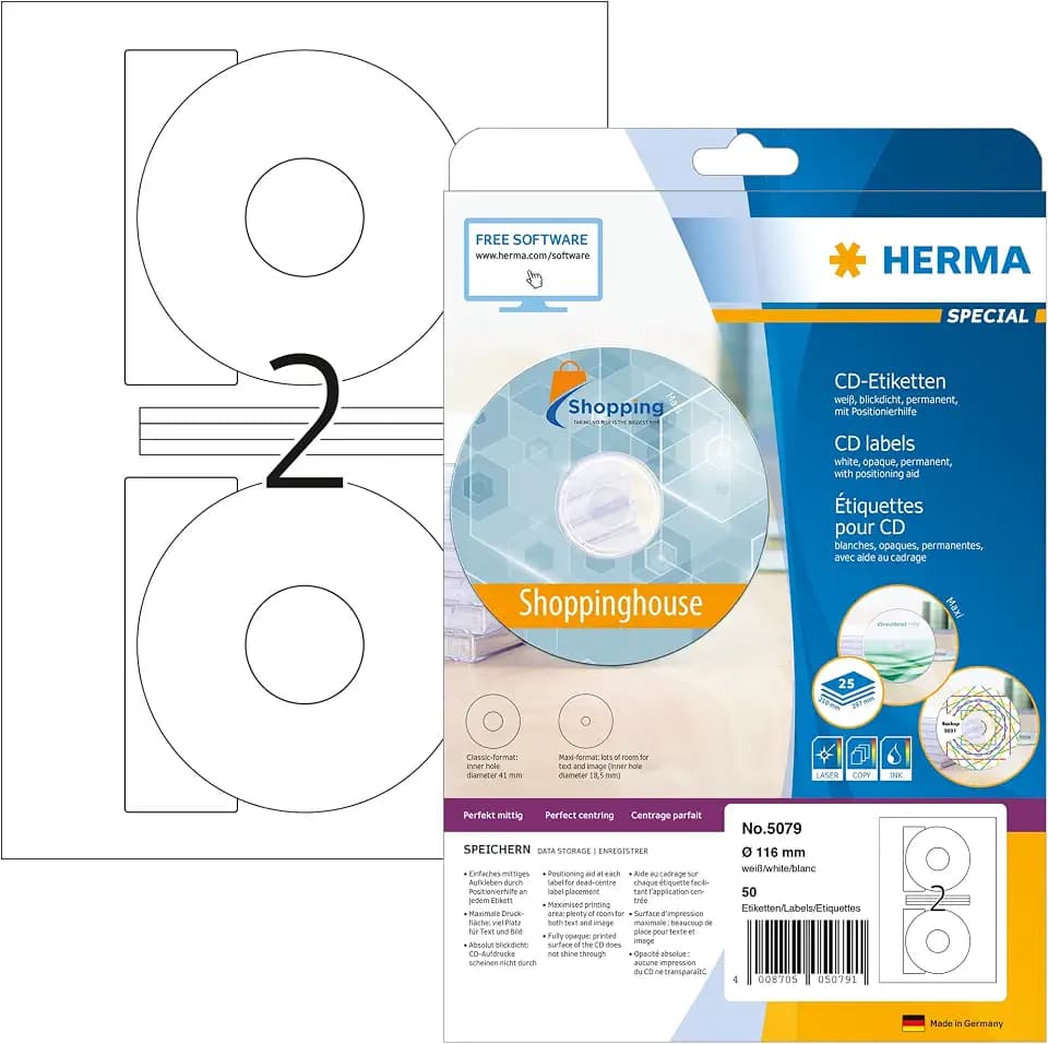 HERMA 5079 CD DVD Etiketten inkl. Zentrierhilfe blickdicht, 25 Blatt, Ø 116 mm, 2 pro A4 Bogen, 50 Stück, selbstklebend, bedruckbar, matt, blanko Papier Klebeetiketten Aufkleber, weiß
