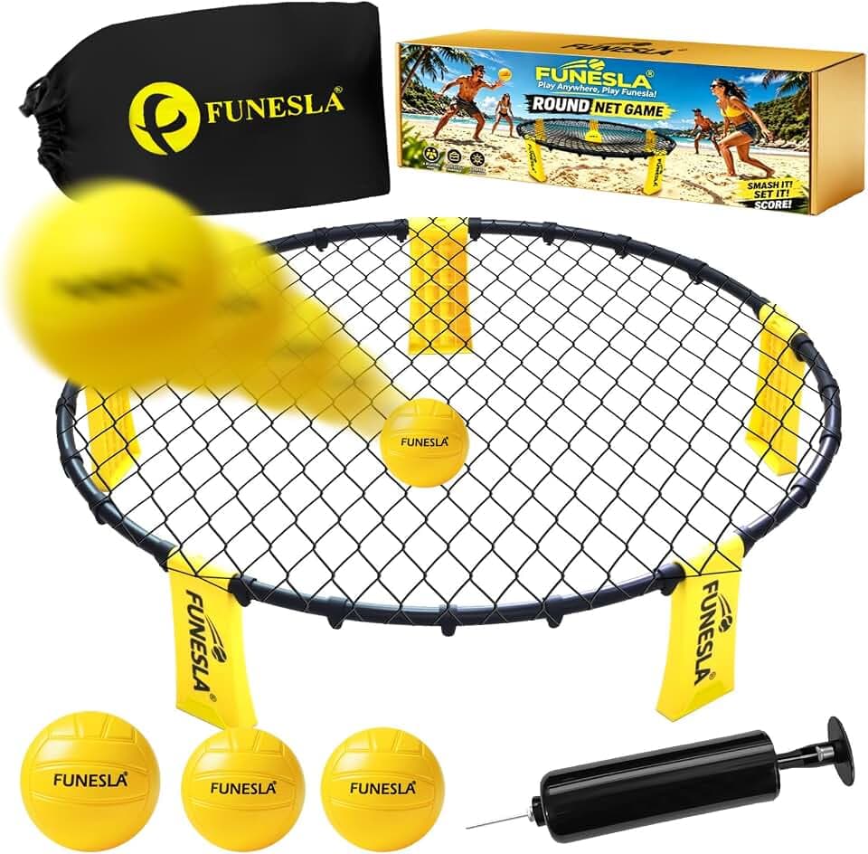 Roundnet Set mit Tasche für Strand & Garten, Outdoorspiel mit direkter Steckmontage, inkl. 3 Bälle (12cm/9cm), Luftpumpe mit Nadelhalter