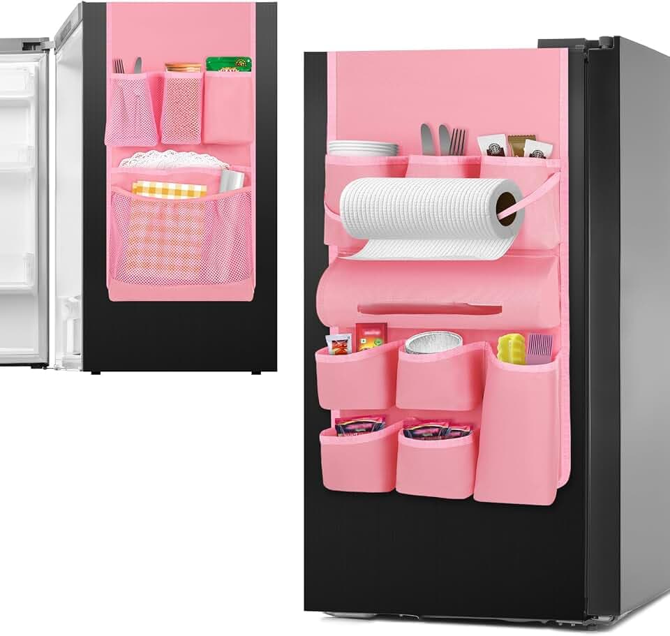 Weysat Mini Fridge Organizer with 14 Pocket for Dorm,Classic,Pink
