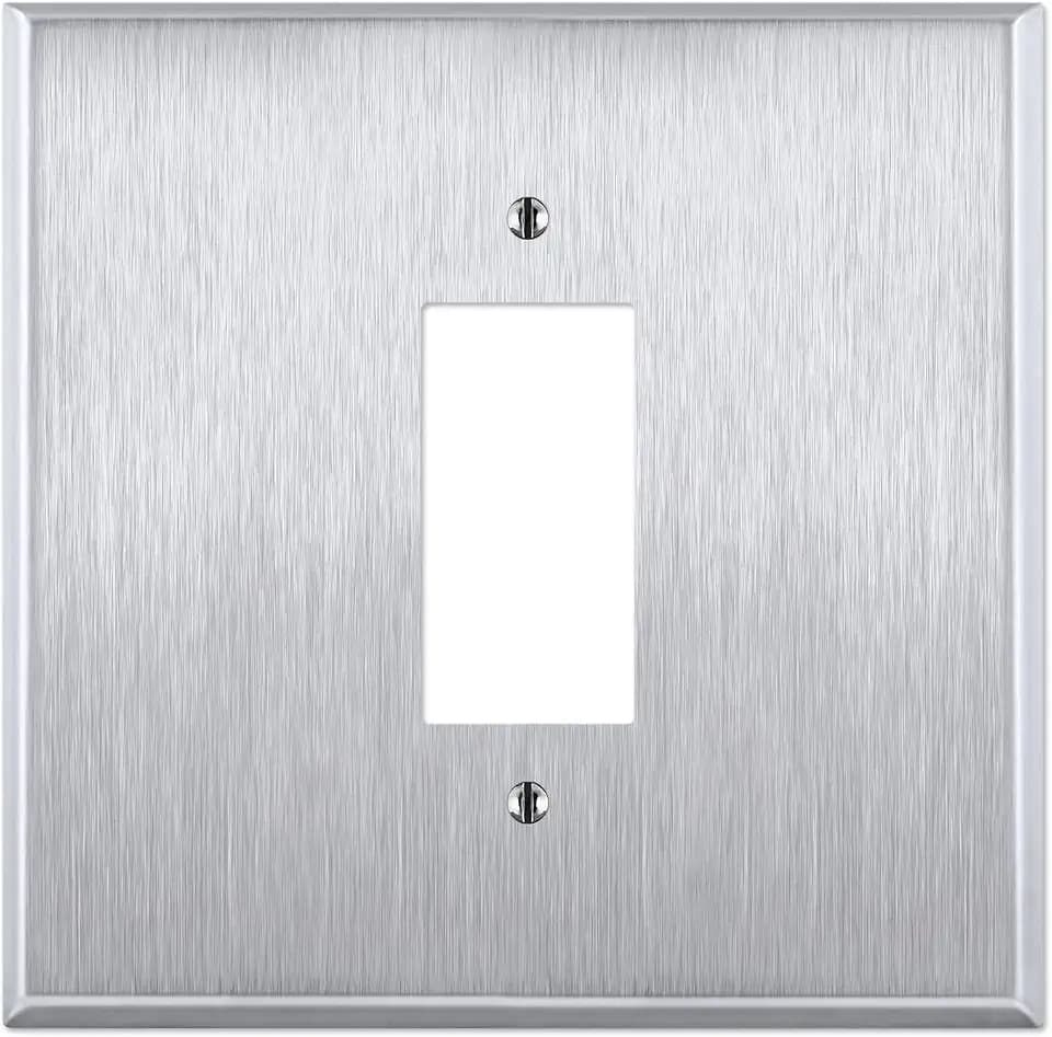 OVERSIZED Metal Switch Plate, 2 Gang Jumbo Decorator Switch Cover Plate (for 1 Centered Device), Switch Cover for Rocker Switches, GFCI, Brushed Stainless Steel - UL Listed, 5.5" x 5.5" - Made in USA