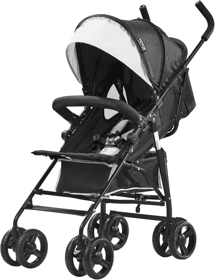 VEVOR Leichter Kinderwagen, kompakt, einfach zusammenklappbar, mit verstellbarer Rückenlehne, Rahmen aus Karbonstahl, großem Aufbewahrungskorb, Kinderwagen mit Schirm für Reisen und mehr, Schwarz/Weiß