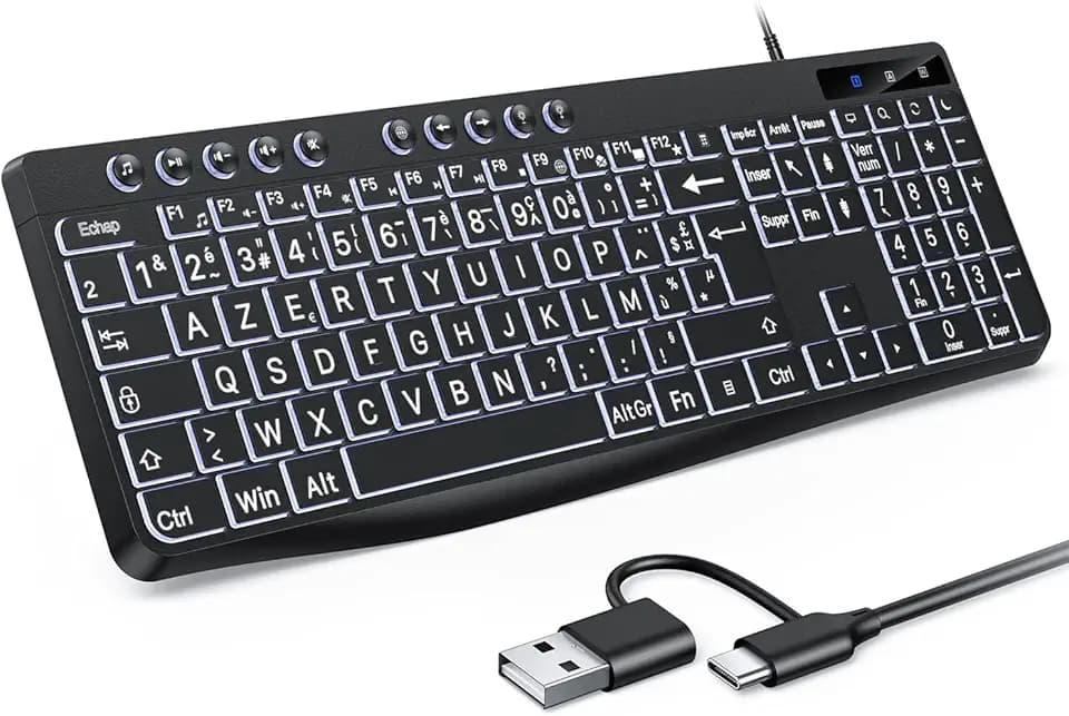 OMOTON Tastatur mit Hintergrundbeleuchtung Kabelgebundene Tastatur, AZERTY Weiß Hintergrundbeleuchtung mit großem Druckpunkt, 2 in 1 USB A/C- für Senioren, Kinder, Sehbehinderte für Windows mit Multim