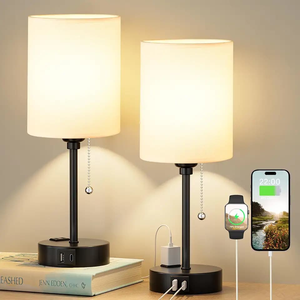Bedside Table Lamp for Bedroom Set of 2, Small Desk Lamp with USB Ports