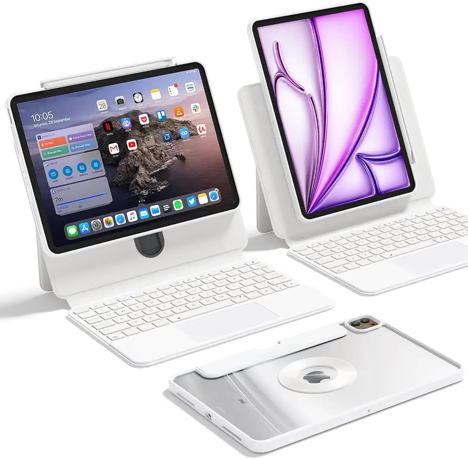 Keyboard Case for iPad Pro 13 Inch (M5 2025/M4 2024), Sliding Rail Height Adjustable, Multi-Touch Trackpad, 360° Rotatable, Magnetic Detachable Clear Back, Bluetooth, 7-Color Backlit,White
