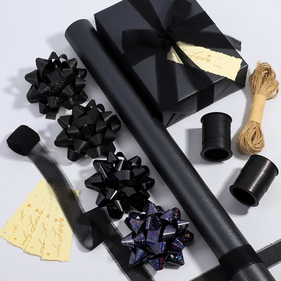 DYSHIPEN 17" Wrapping Paper Rolls with Gift Bows,Crimped Curling Ribbons,Silk Like Satin Ribbon and Gift Tags For Christmas Gift Wrapping Birthday Baby Shower Wedding(16.4 Ft). (Black, 17 Inch)