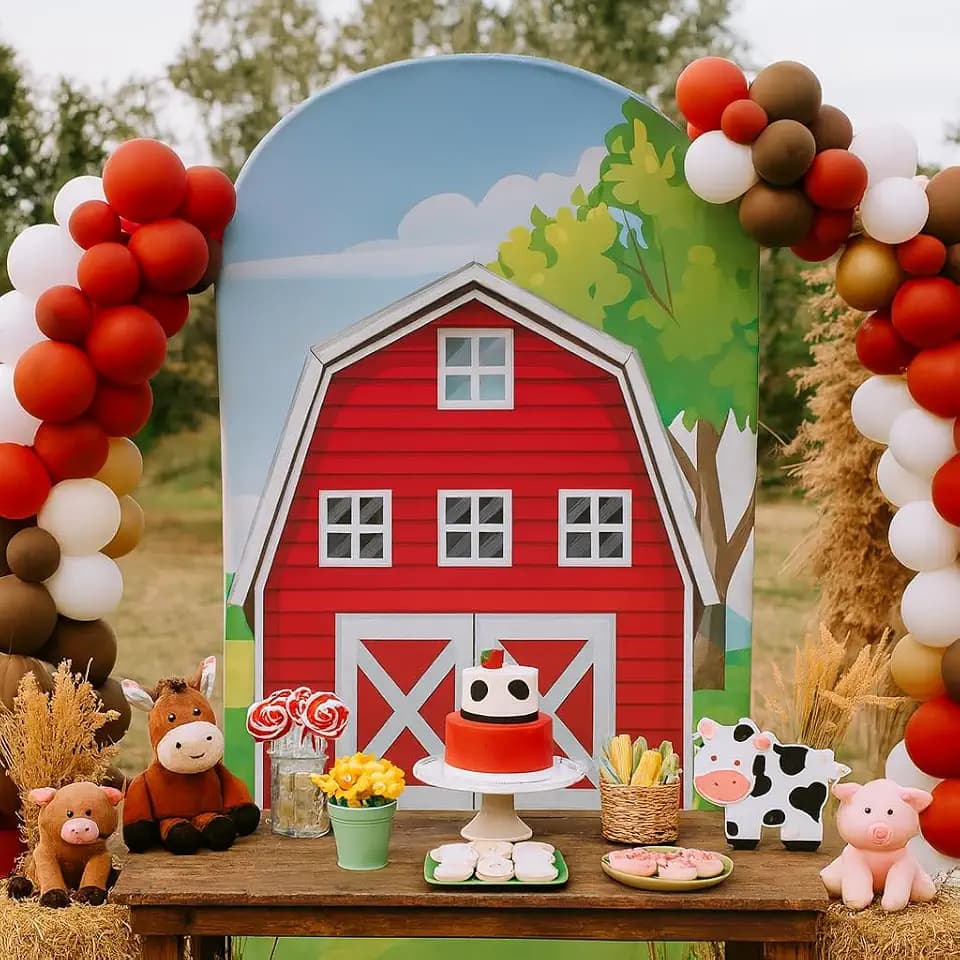 Red Farm Barn Arch Backdrop Cover Kids Red Farm Birthday Chiara Backdrops Decorations Arched Wall Covers Stands Display Props Farm Party Banner GX231 3ft * 6.5ft