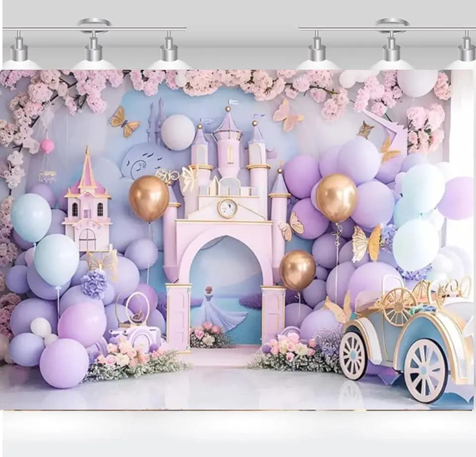 Princess Castle Backdrop Photography Flower Pink Floor Decorations Girls 1st Birthday Cake Crush Party Photo Background Photo Studio Banner (6x4FT)