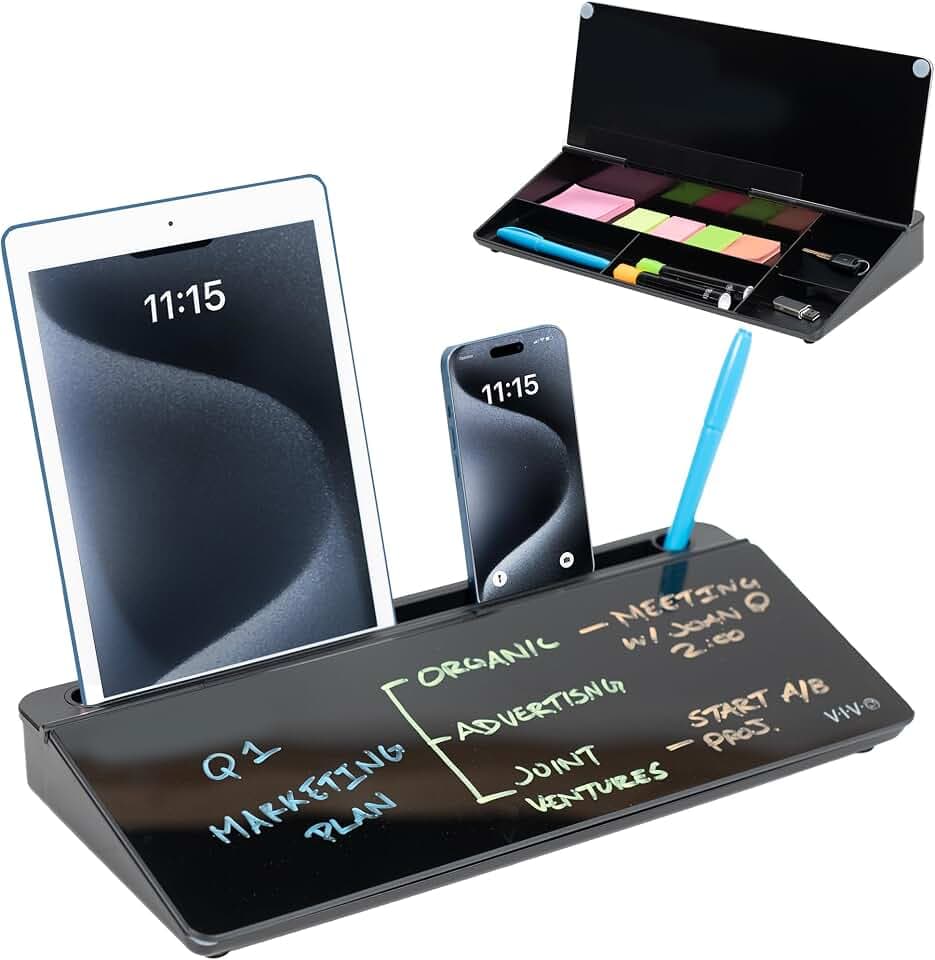 VIVO Black Glass 16 x 7 in Dry Erase Board with Storage, DESK-WB16B