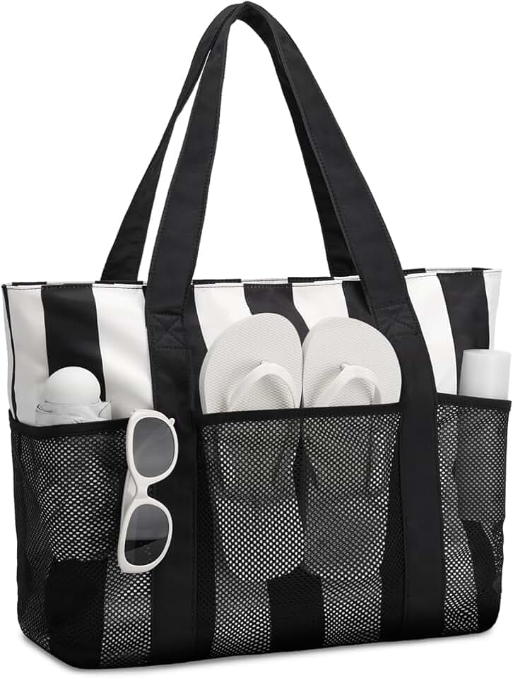 VASCHY Beach Bag for Women, Foldable Waterproof Sandproof Beach Tote with Zipper/Mesh Pockets for Vocation/Cruise/Gym/Travel