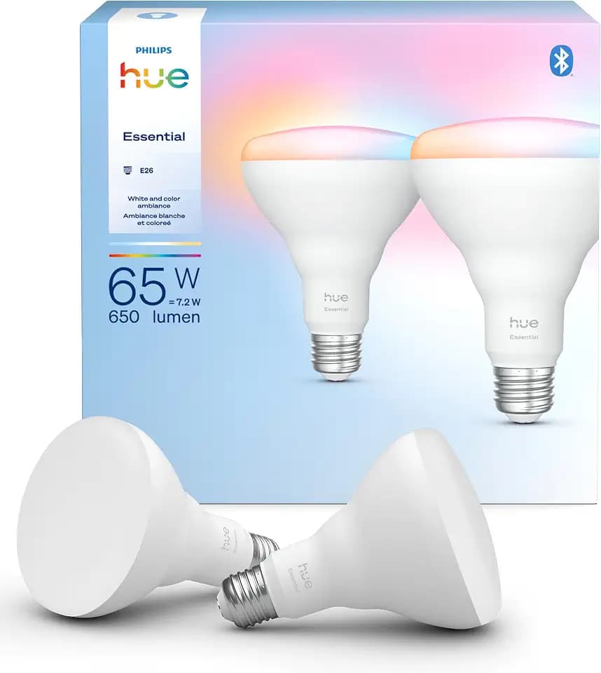 PHILIPS Hue Essential Smart LED BR30 Bulb 2-Pack, White and Color Ambiance, E26, 7.2W, 2200K-6500K, 650 Lumens, Dimmable LED Bulbs, Works with Alexa, Google Assistant, Apple Home