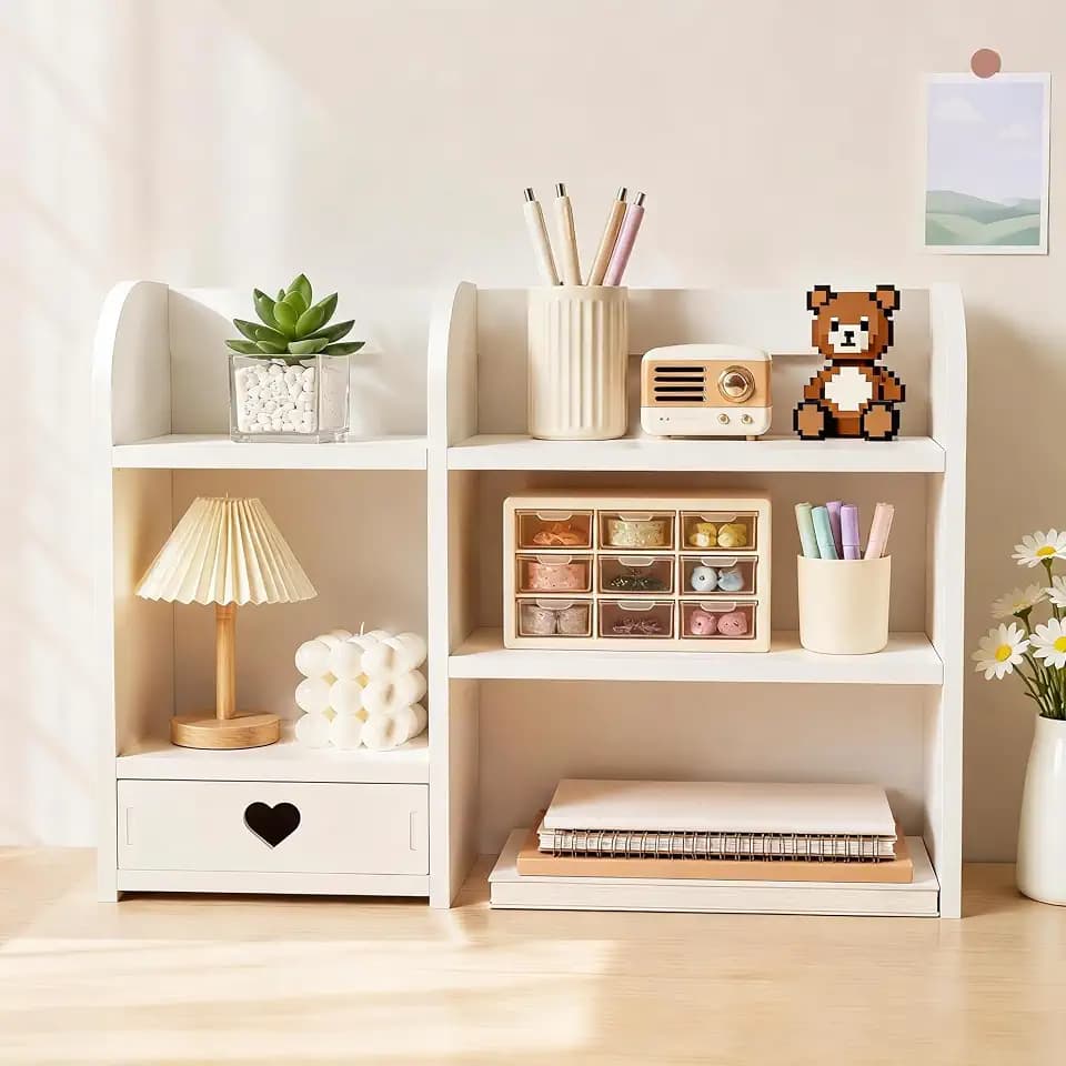 White Heart Drawer Bookshelf, Desktop Organizer with 3-Tier Heart-Shaped Drawers, Thickened PVC Storage Shelf for Desk, Office, Dorm