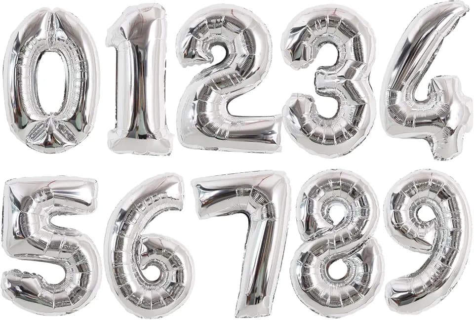 TONIFUL 16 Inch 10 Pcs Fat Silver 0-9 Birthday Number Balloons