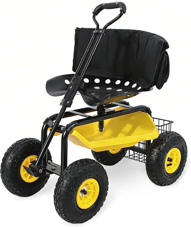 Sekey Rolling Garden Cart with Backrest, 440 lb, 360° Swivel Seat