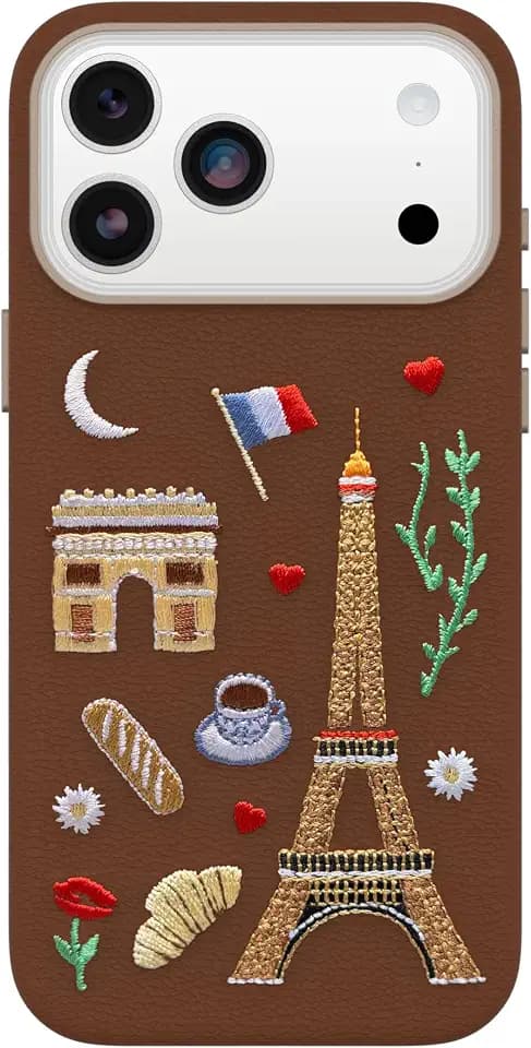 OtterBox iPhone 17 Pro Max Symmetry Series Cactus Leather Embroidery Case - City of Love - Brown - Textured, Embroidered Paris Artistic iPhone Case
