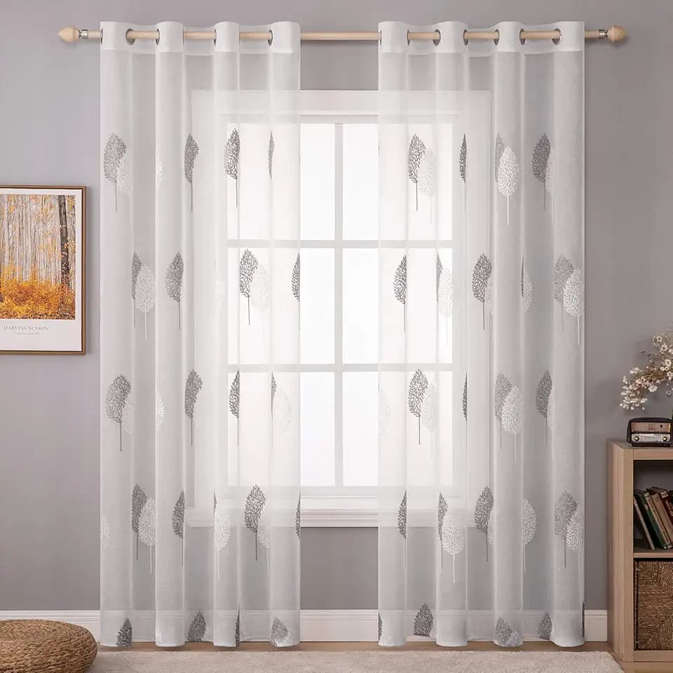MIULEE Gardinen mit Grau und Weiss Blätter Muster 2er Set 140x245cm | Modern Stickerei Wohnzimmer Vorhänge Transparent mit ösen für Schlafzimmer Deko, Schöne Blätter Muster Vorhang Fenster