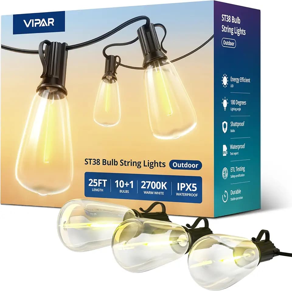 VIPAR Outdoor String Lights,25FT LED Patio Lights Waterproof 11 ST38 Bulbs