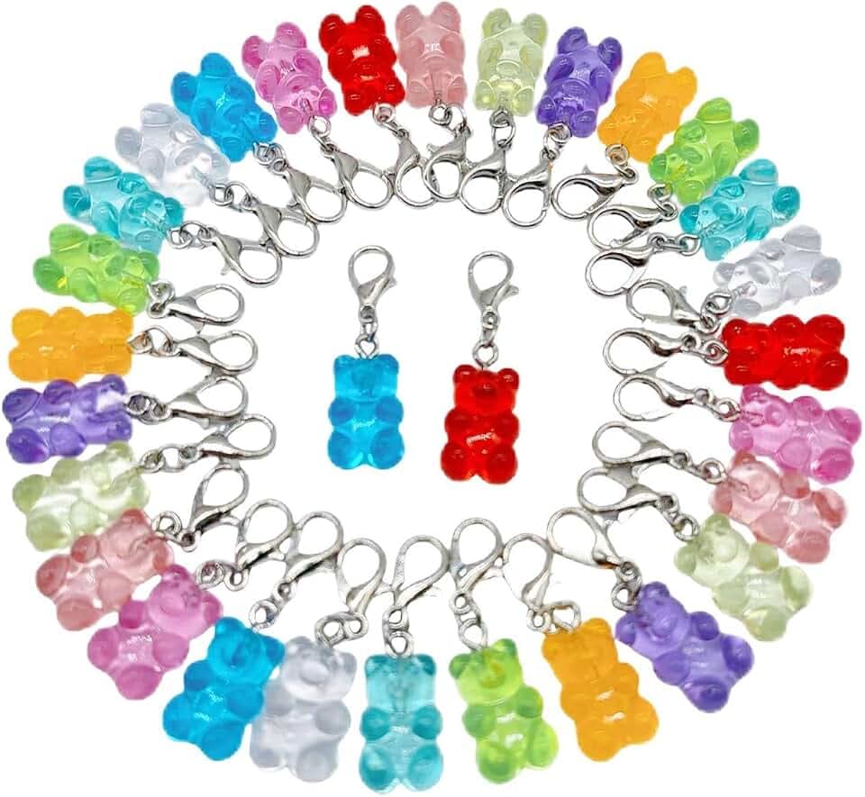 30Pack Assorted Bear Pendants with Rings and Lobster Clasp for Decorating Shoes, Bags, Keychains, Necklaces, Earrings, Bracelets
